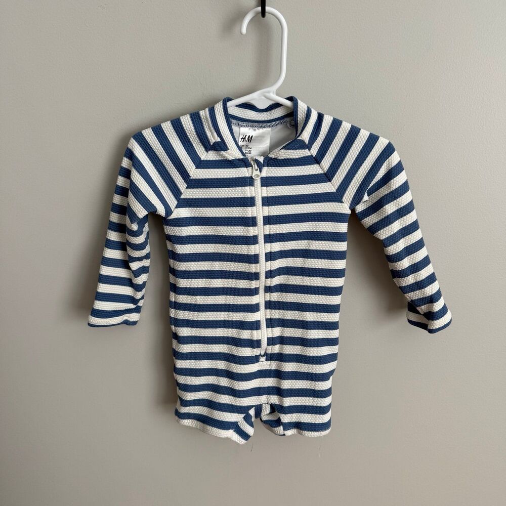H&M Baby Boy 9-12mo Blue and White Striped Rash Guard Swimsuit VGUC